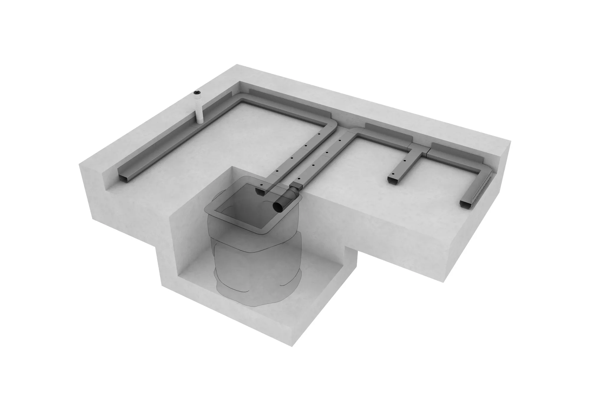 3D-doorsnede van een kelderdrainagesysteem met afvoerkanalen en pompput