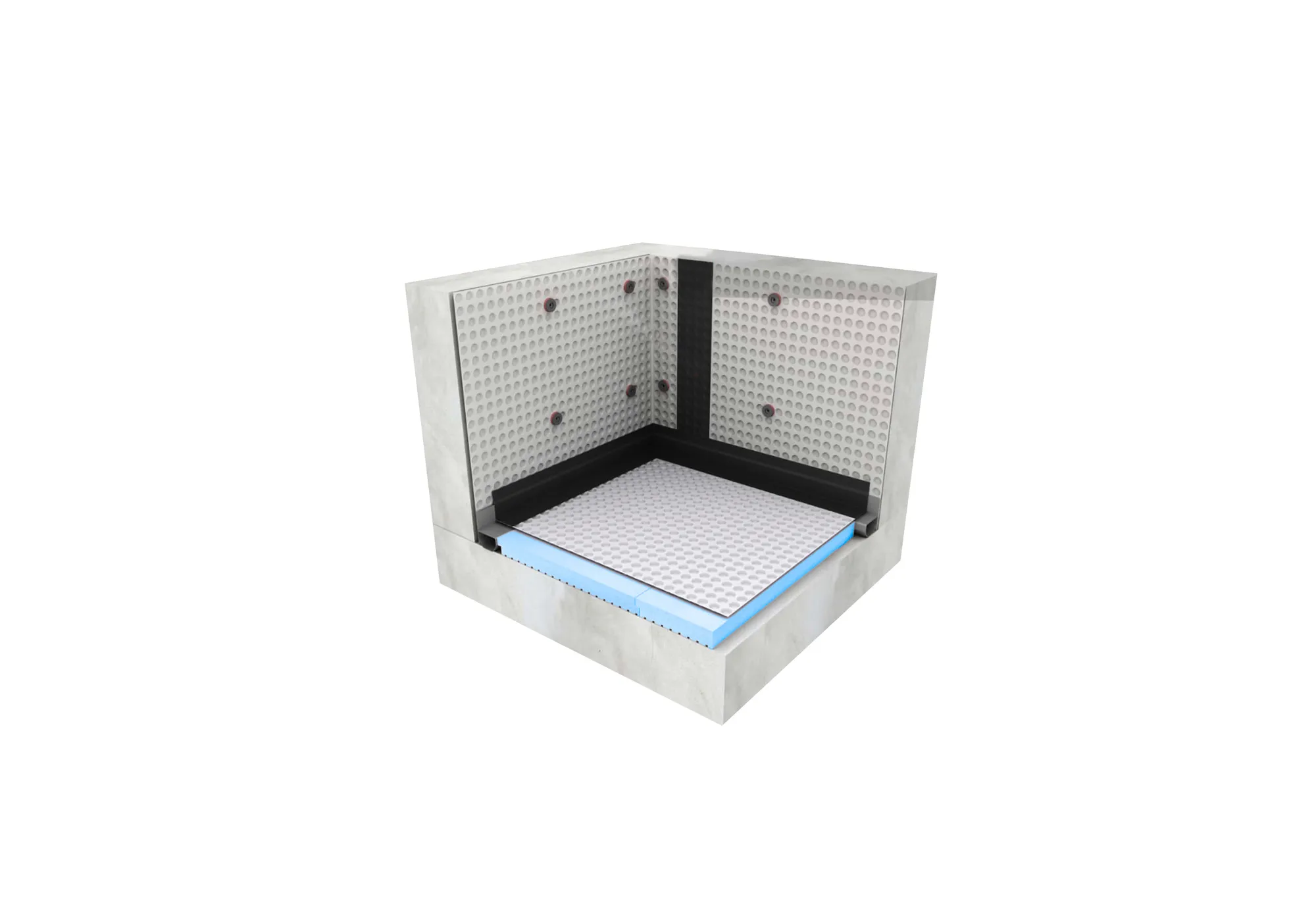 Illustratie van de opbouw van kelderdrainage met noppenfolie en waterguard, uitgevoerd door Aqua Protect