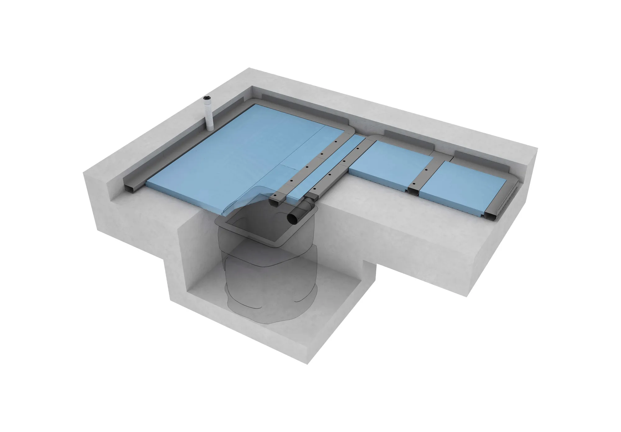 3D-doorsnede van een kelderdrainagesysteem met afvoerkanalen en pompput onder de vloer