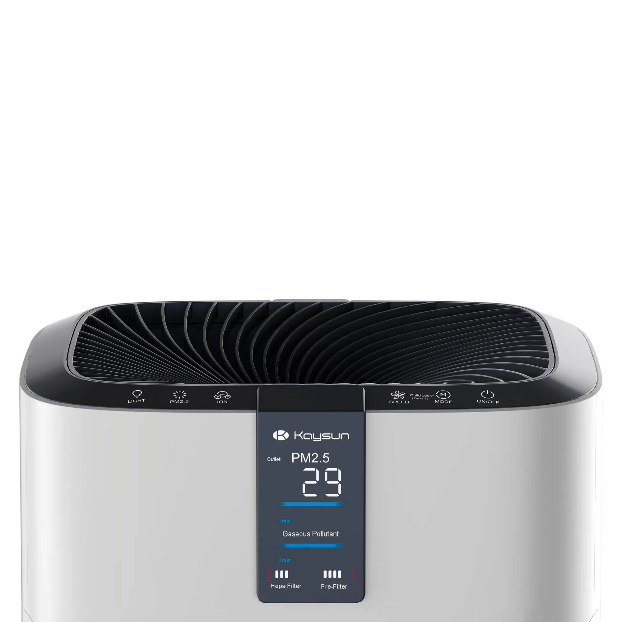 Bovenkant van een witte Kaysun luchtreiniger met digitaal display dat PM2.5-waarde 29 toont