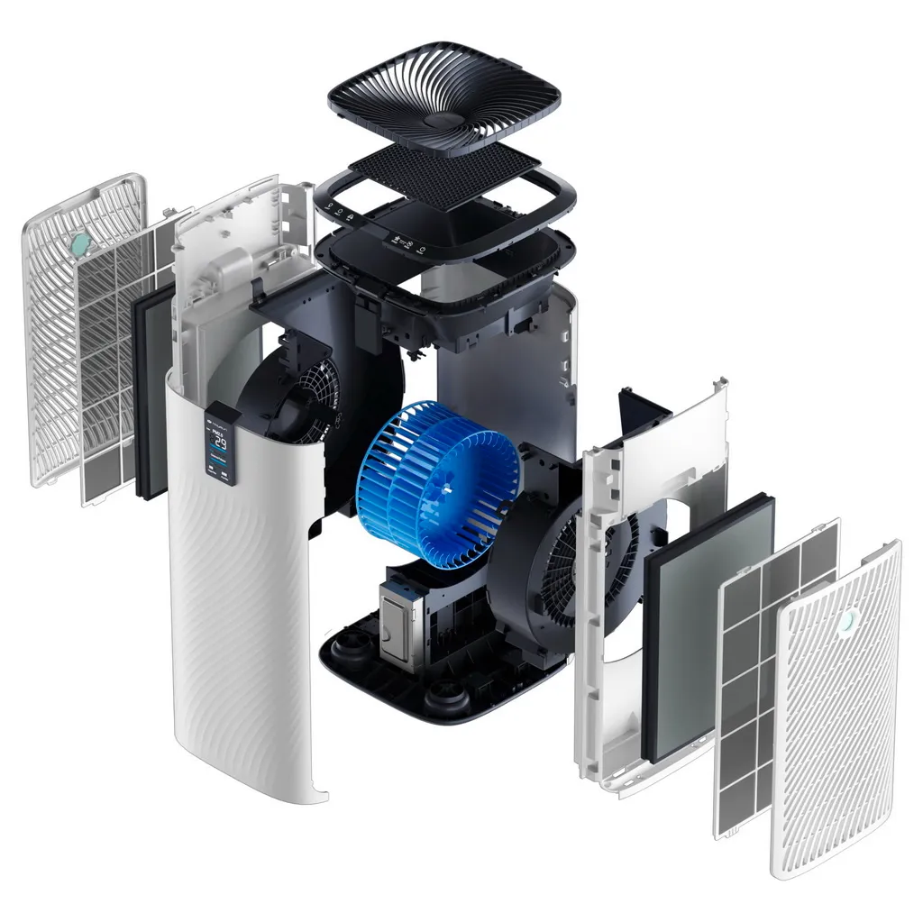Opengewerkte luchtreiniger met zichtbare ventilator, filters en behuizing in explosietekening