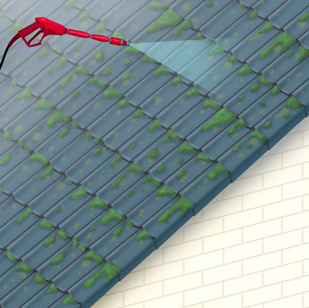 Illustratie van dakreiniging: een hogedruklans spuit groene mos van een blauw pannendak, zoals uitgevoerd door Aqua Protect