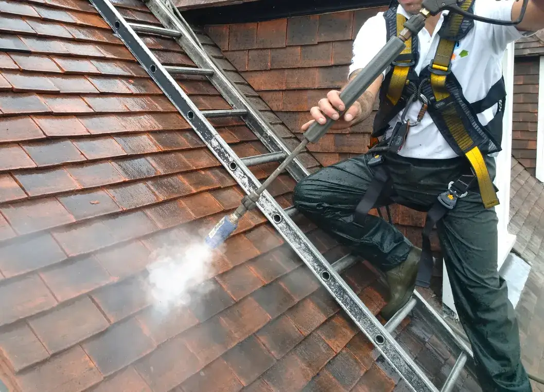 Dakwerker van Aqua Protect reinigt een pannendak met een hogedruklans vanaf een ladder