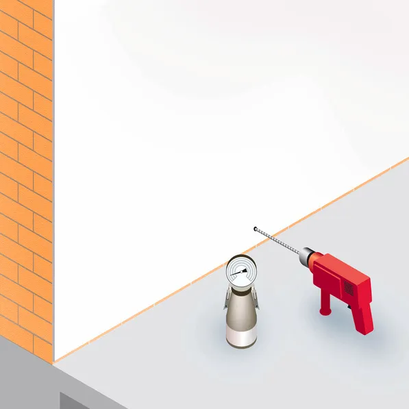 Illustratie van muurinjectie tegen opstijgend vocht: boormachine en injectiekop aan de muurvoet