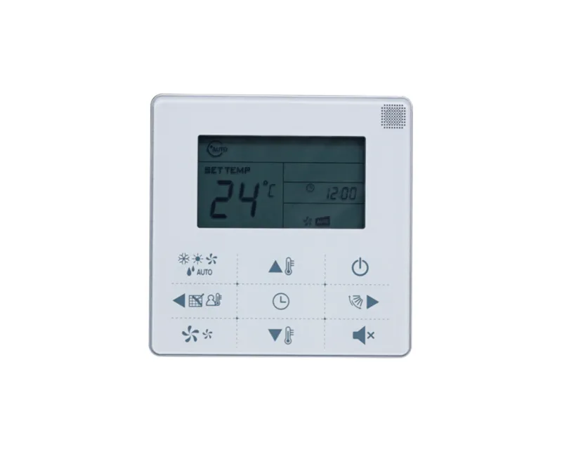 Bedrade muurthermostaat met display dat 24 °C aangeeft en bedieningsknoppen
