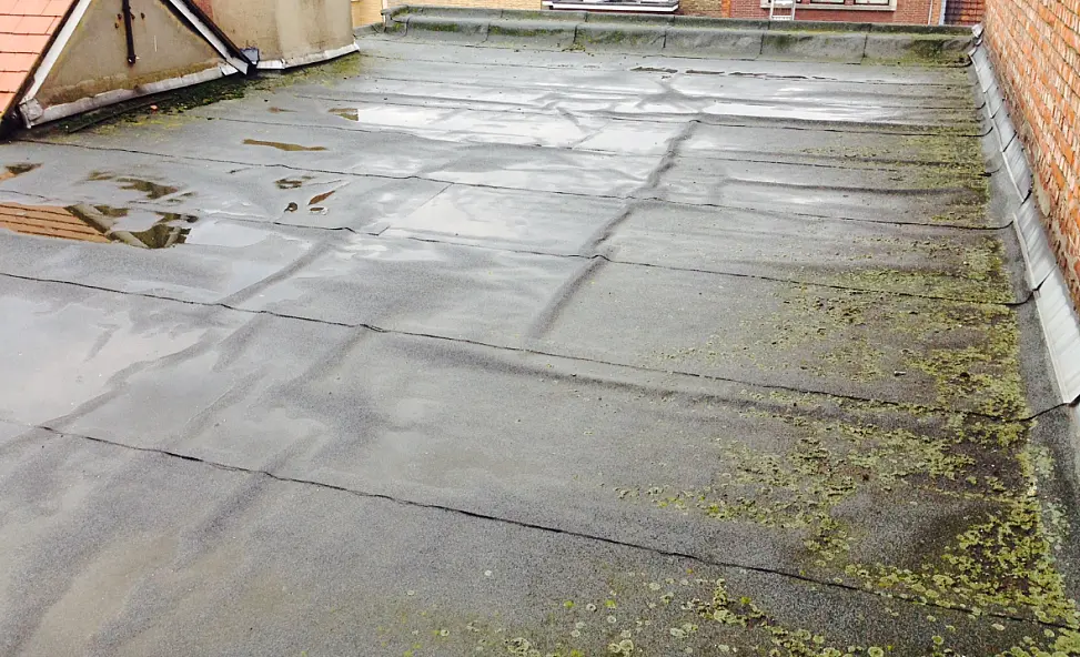 Plat dak met versleten bitumen dakbedekking, mos in de naden en plassen water