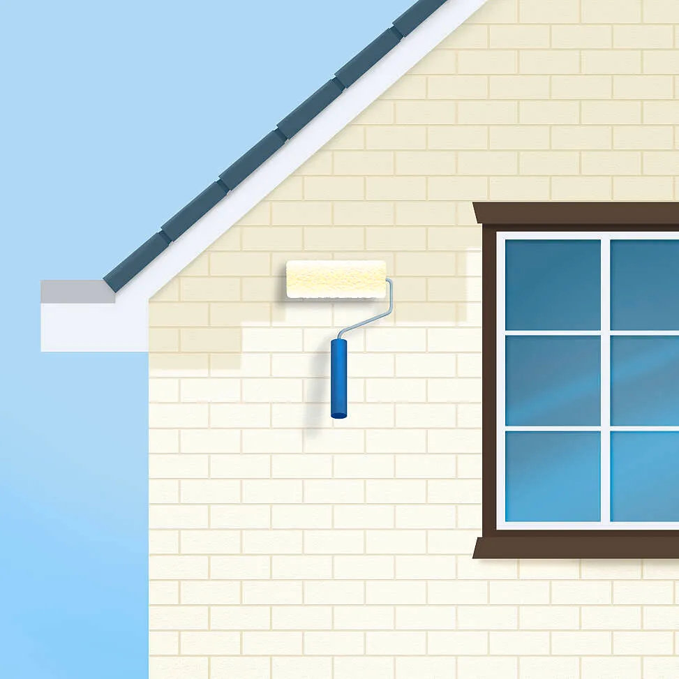 Illustratie van een verfrol die een gevelcoating aanbrengt op een bakstenen woning