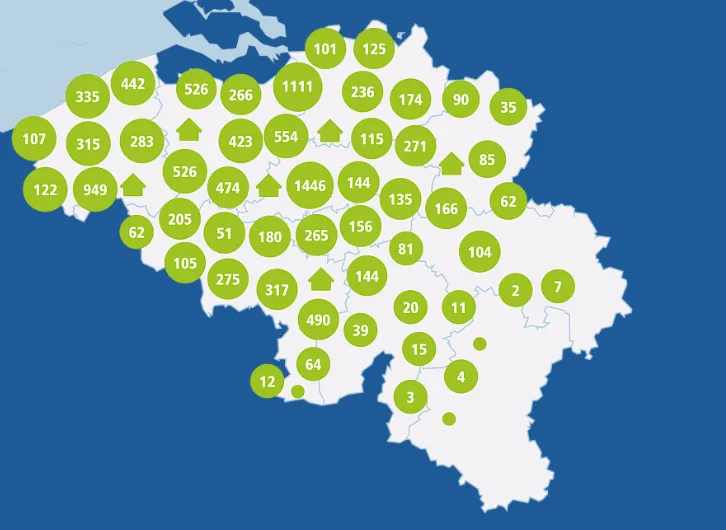 Kaart van België met groene cijferbolletjes per regio, als spreiding van realisaties