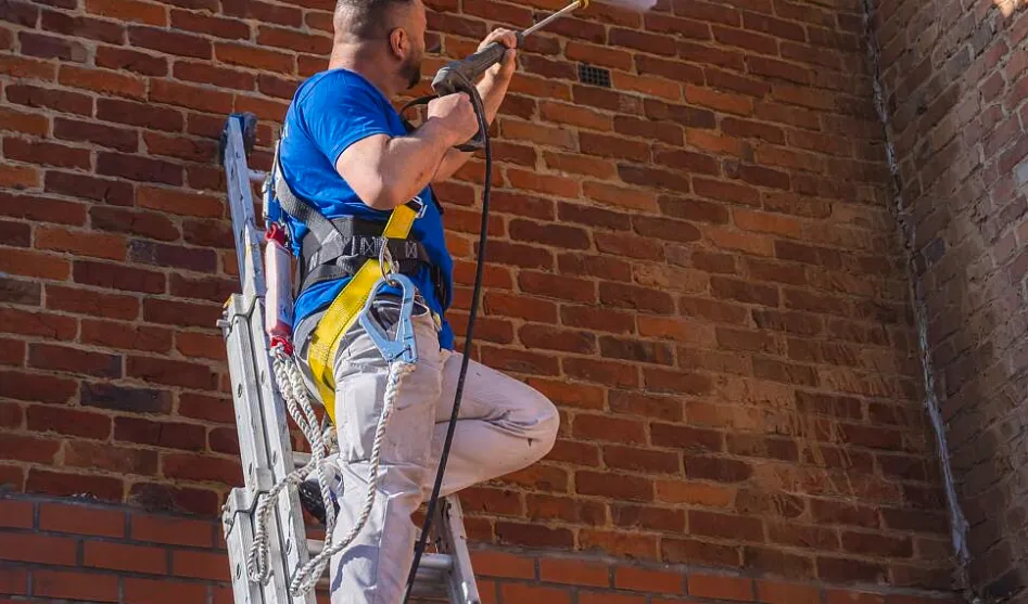 Vakman van Aqua Protect reinigt een bakstenen gevel met een hogedrukspuit vanaf een ladder