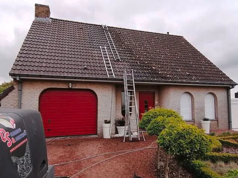 Vrijstaande woning met ladders tegen een bemost pannendak, vóór dakreiniging