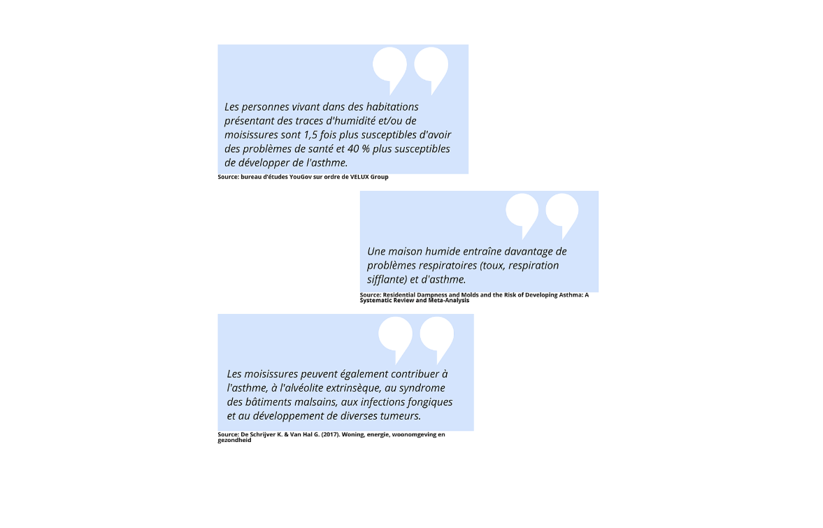 Infographic over de link tussen vocht, schimmel en astma, met bronvermeldingen