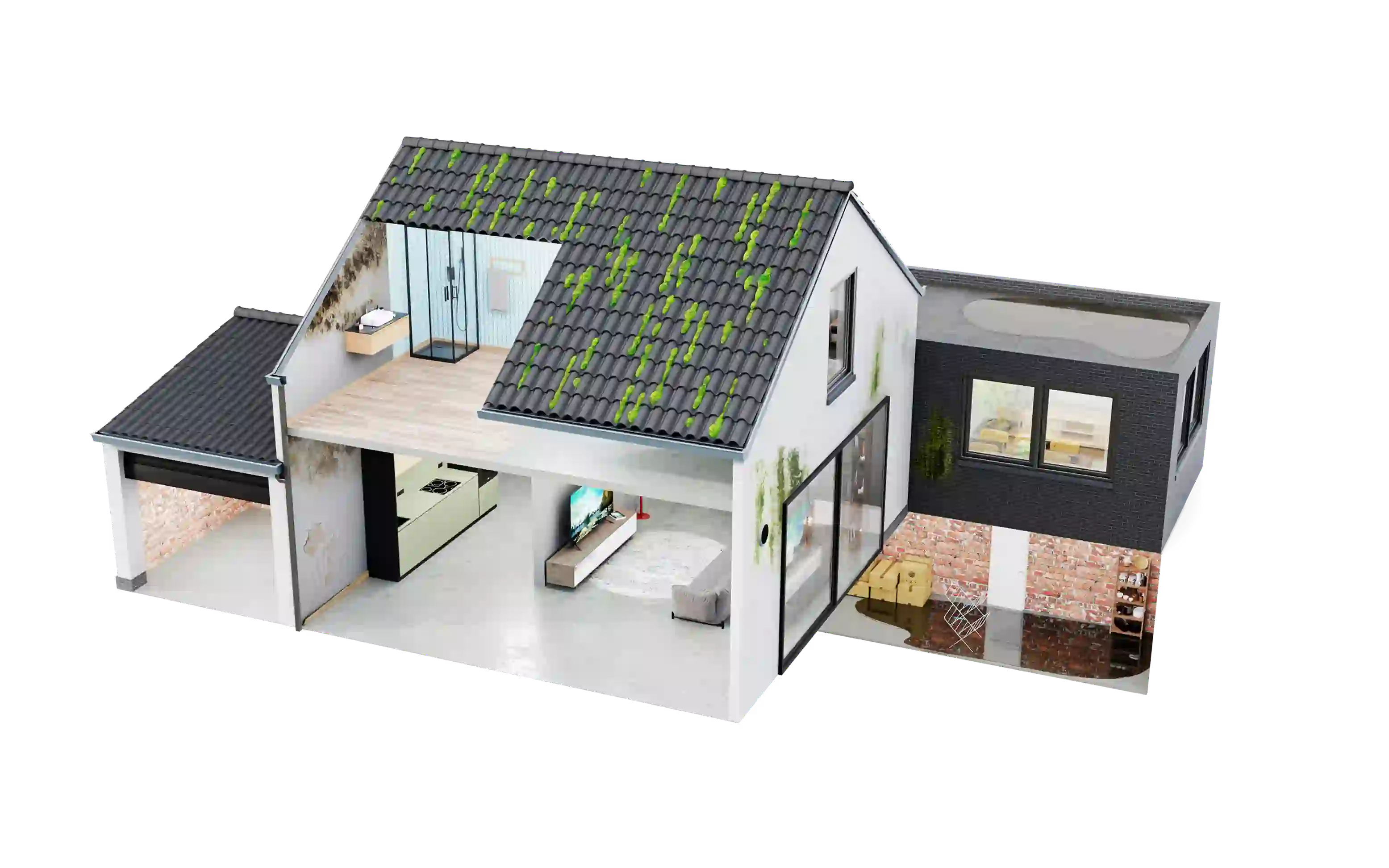Opengewerkt 3D-model van een woning met groene mosaanslag op het pannendak, garage en glazen aanbouw