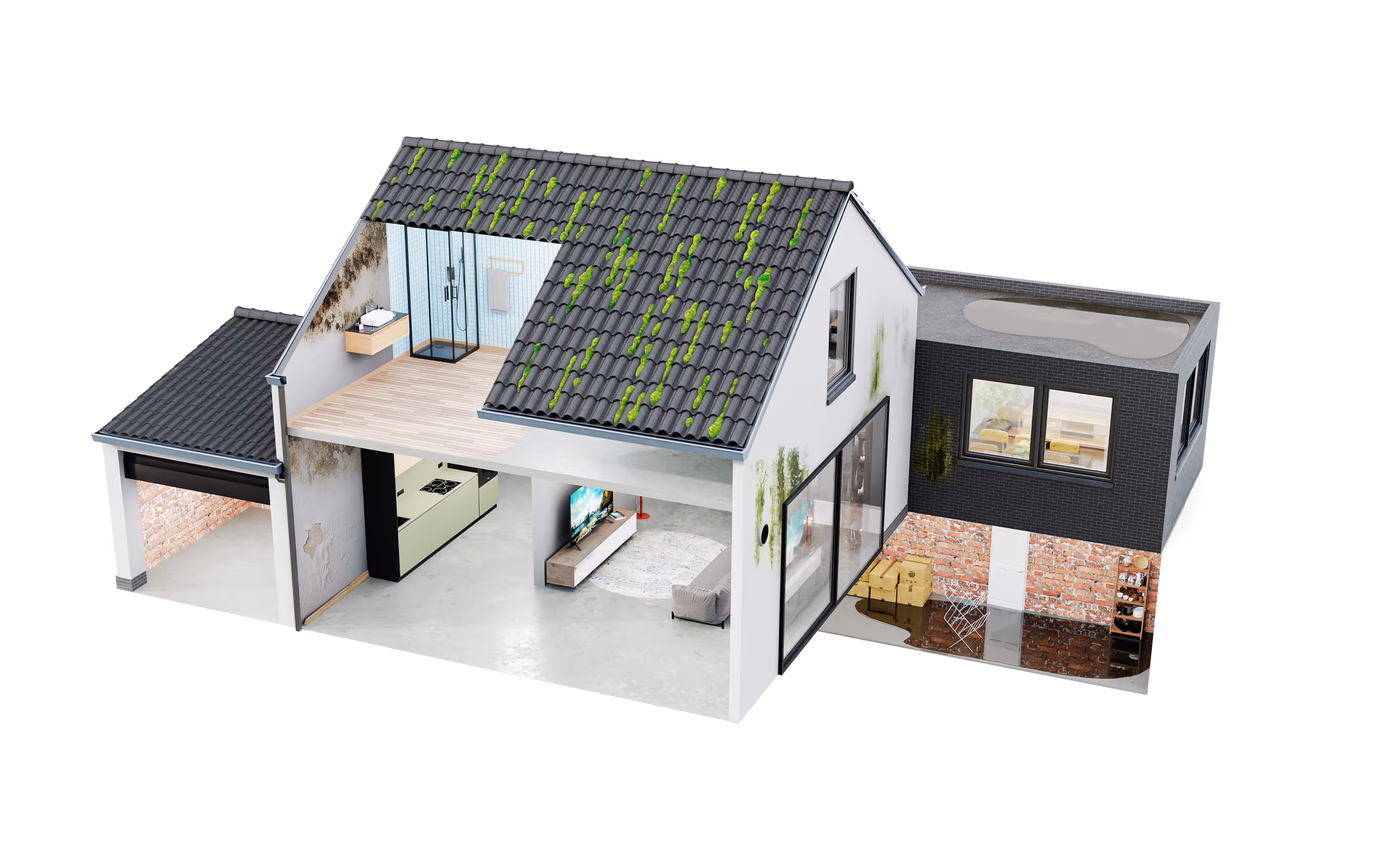 Opengewerkt 3D-model van een woning met groene mosaanslag op het pannendak, garage en glazen aanbouw