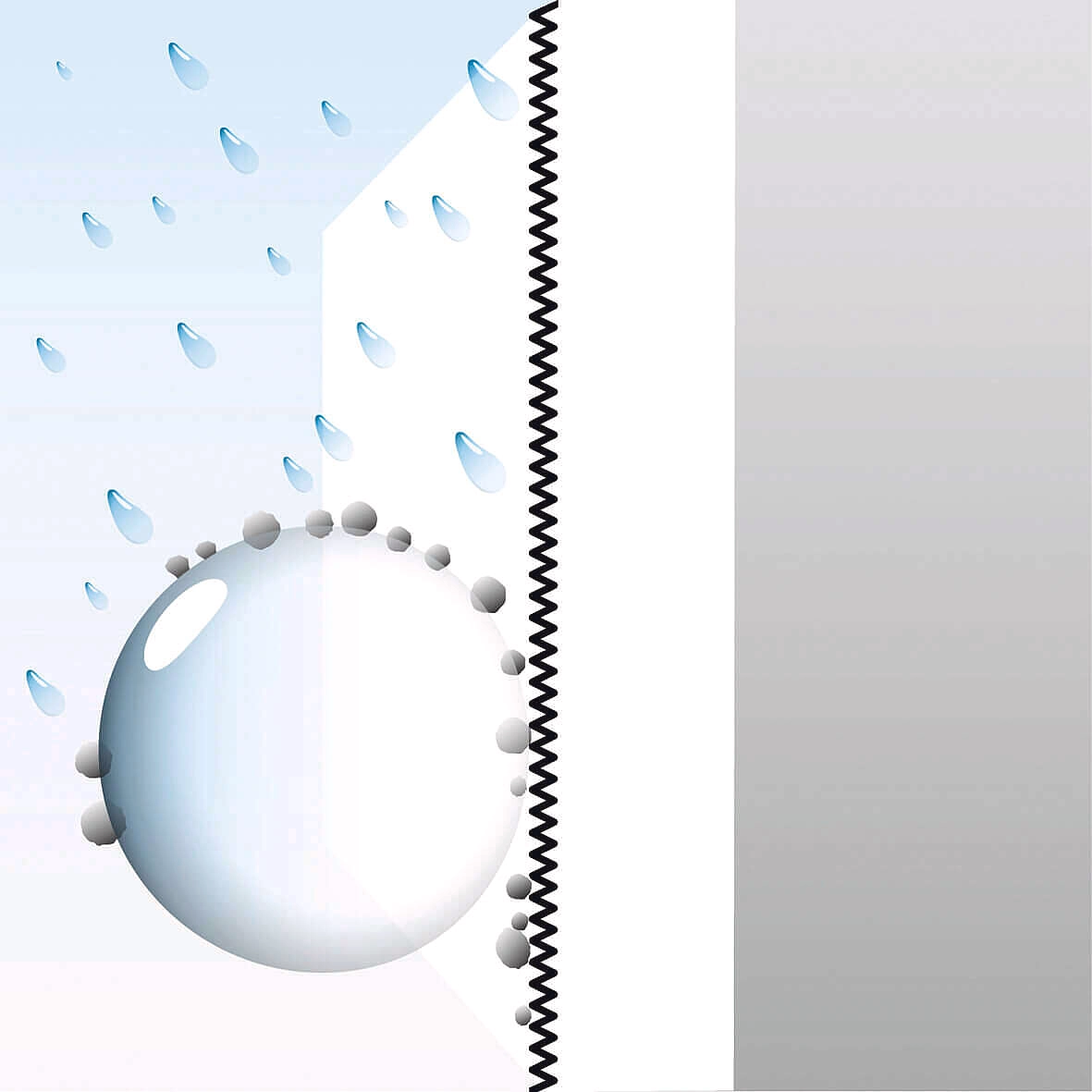 Illustratie van het waterafstotende pareleffect van een gevelcoating: druppels rollen van de muur