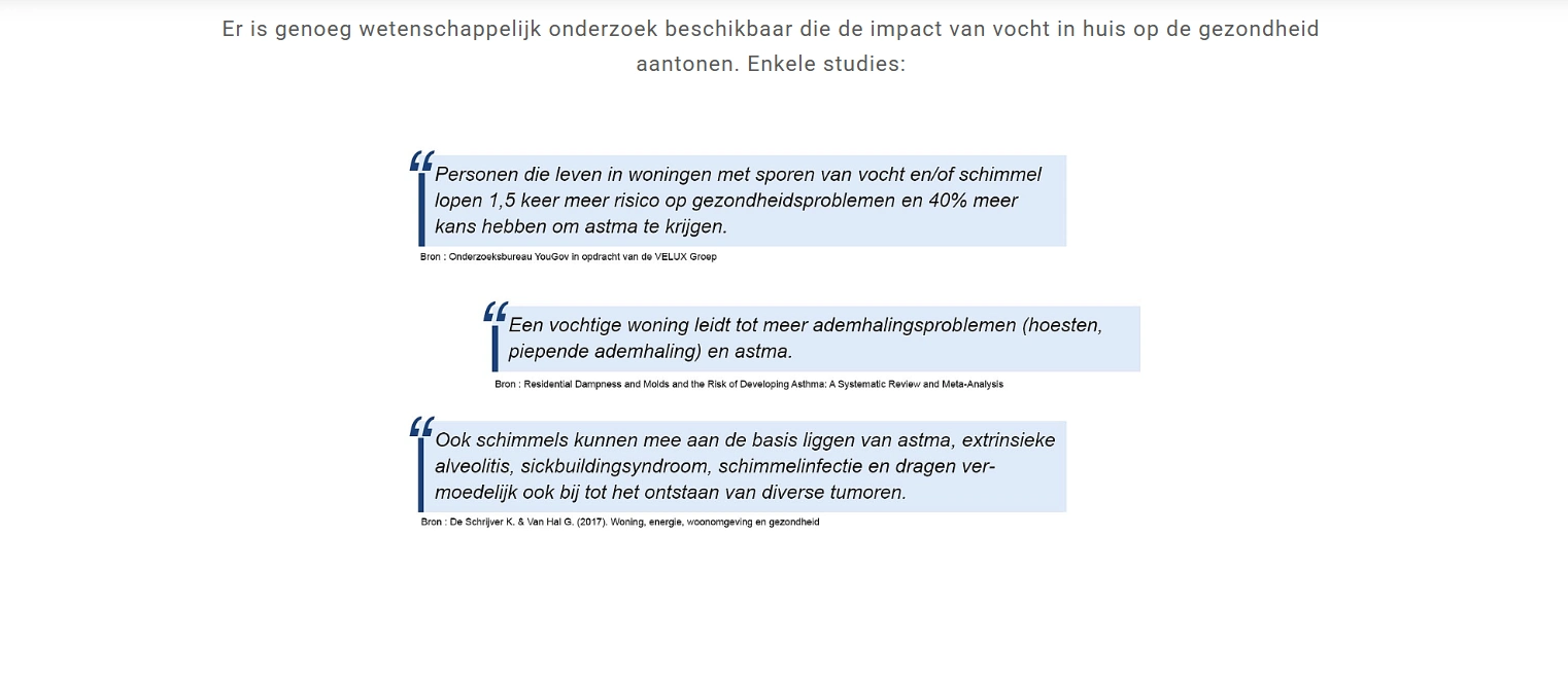 Tekstslide met studies over de gezondheidsimpact van vocht en schimmel in huis