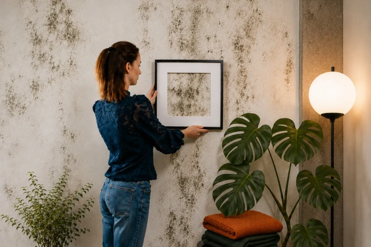 Vrouw hangt een kader op aan een muur vol schimmelvlekken
