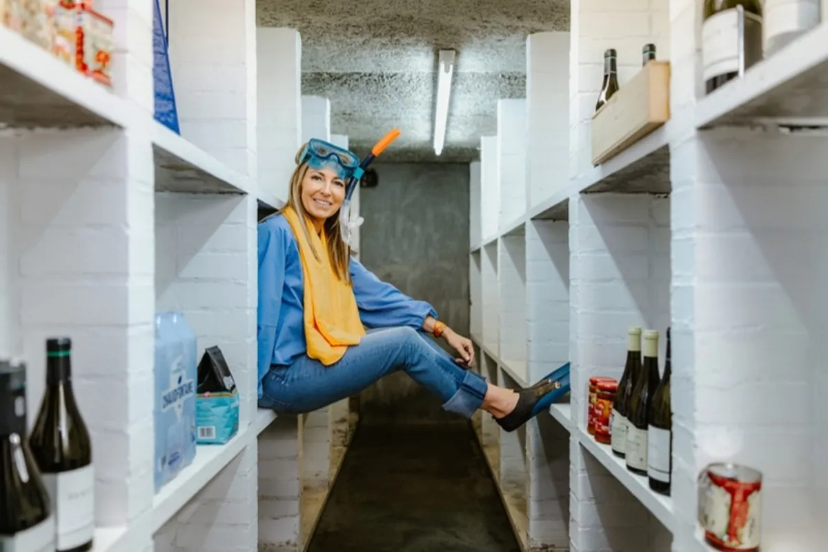 Vrouw met duikbril en snorkel in een kelder met rekken