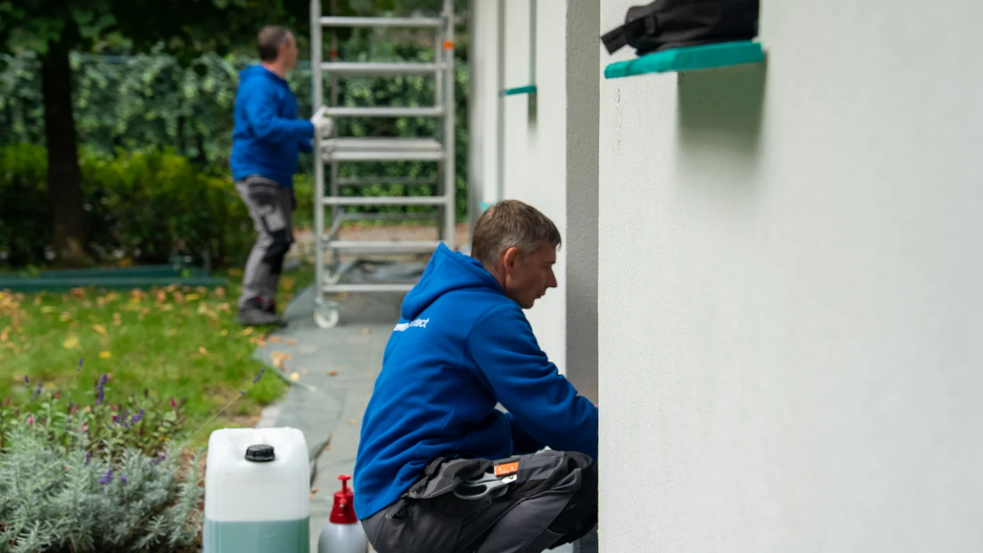 Vakmannen van Aqua Protect behandelen een lichte gevel vanaf een rolsteiger
