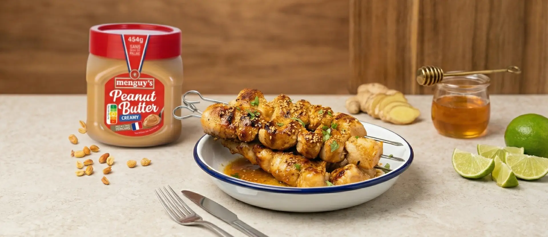 Brochettes de poulet grillé avec coriandre et graines de sésame dans un bol, à côté d'un pot de beurre de cacahuète crémeux, gingembre tranché, miel dans un petit pot, quartiers de citron vert, et des cacahuètes sur une table.
