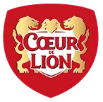 Logo Coeur de Lion avec deux lions dorés face à face sur un fond rouge en forme de bouclier.