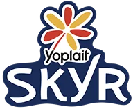 Logo Yoplait Skyr avec une fleur stylisée orange, rouge et jaune au-dessus du texte.