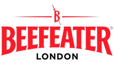 Logo Beefeater en lettres rouges avec un dessin stylisé d'un homme tenant un bâton.