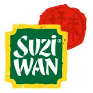 Logo Suzi Wan avec un fond vert et jaune et un cercle rouge avec des caractères asiatiques.