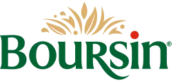 Logo de la marque Boursin avec un symbole de feuille stylisée au-dessus du texte.