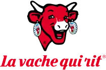 La tête rouge de la vache souriante portant des boucles d'oreilles, logo de La vache qui rit.
