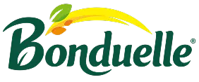 Logo de Bonduelle avec une feuille et une courbe jaune au-dessus du texte.