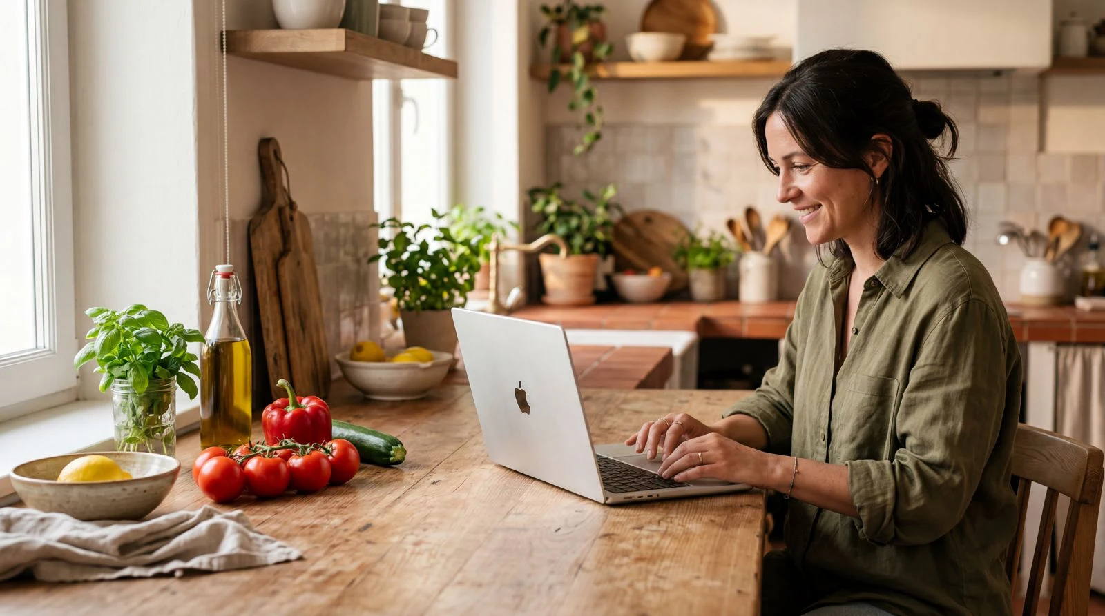 Mujer sonriente en una cocina moderna utilizando una tableta, con verduras frescas sobre la encimera de mármol.