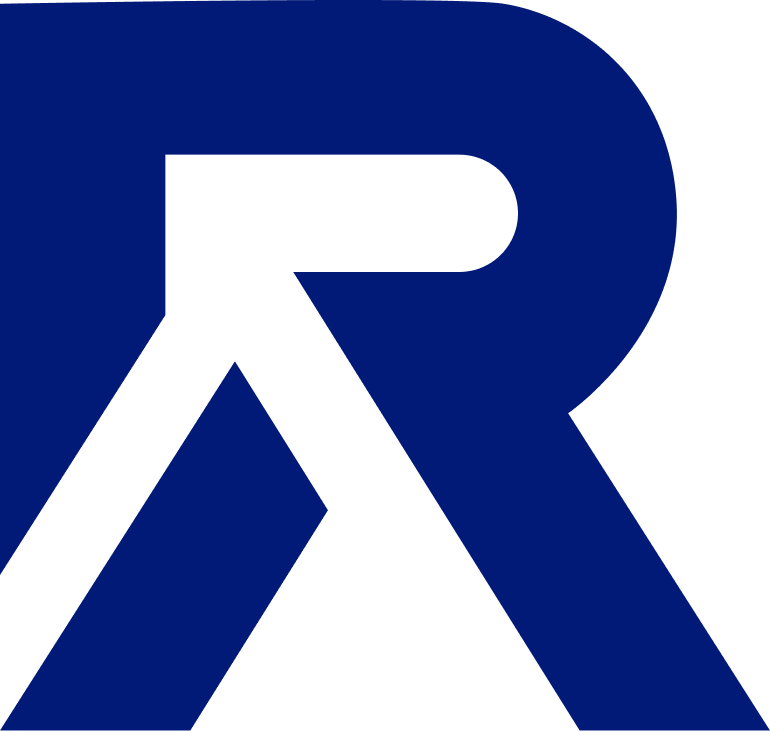 Abstract logo combining the letters R and A in dark blue.