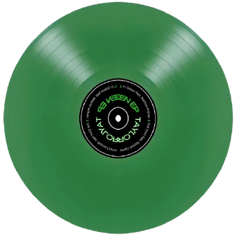 Green vinyl record with a black and green label at the center.