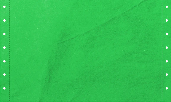 Textured green paper background with black dashed borders and small white and black circular dots on the left and right edges.