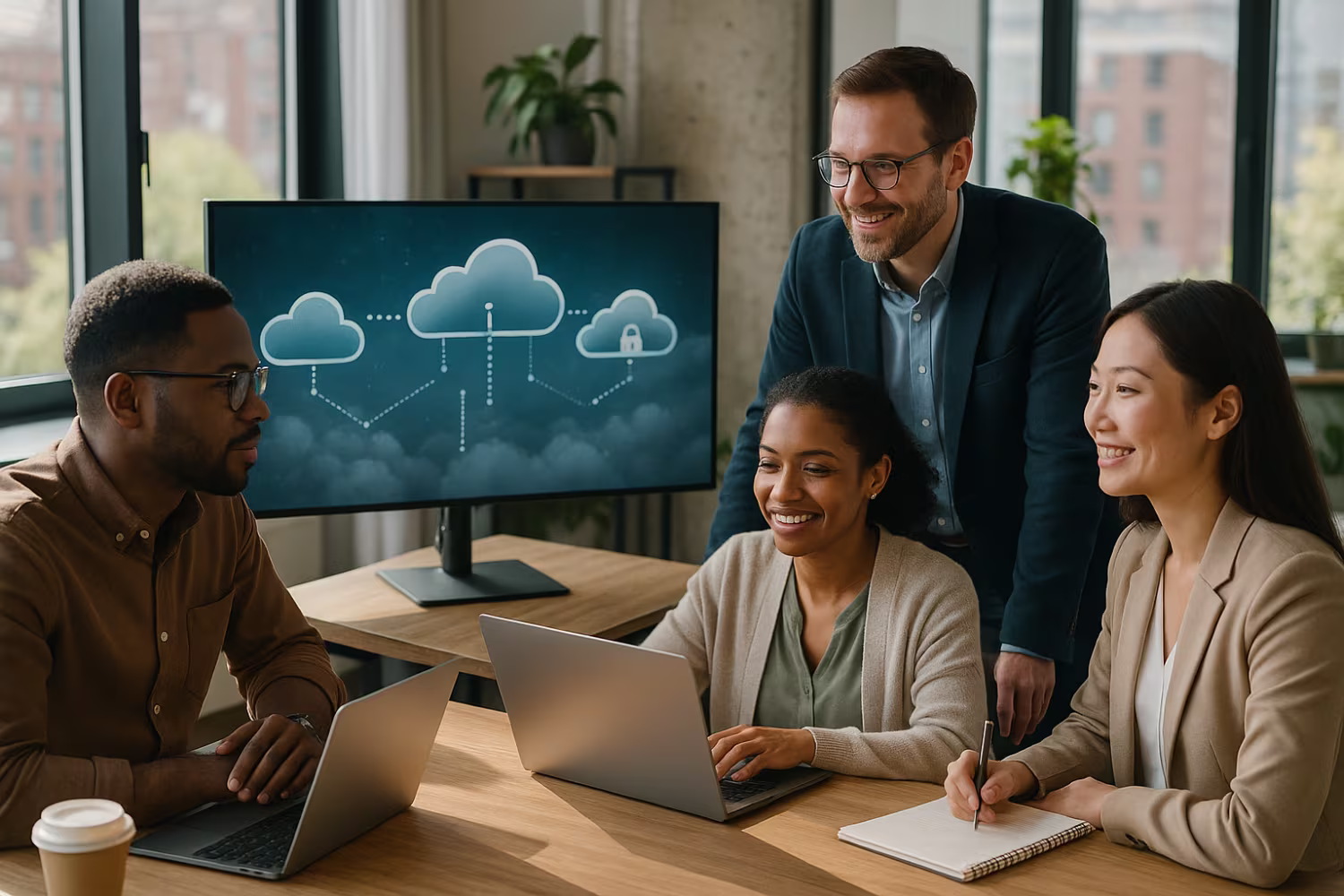 Diverse professionals discussing cloud IT solutions
