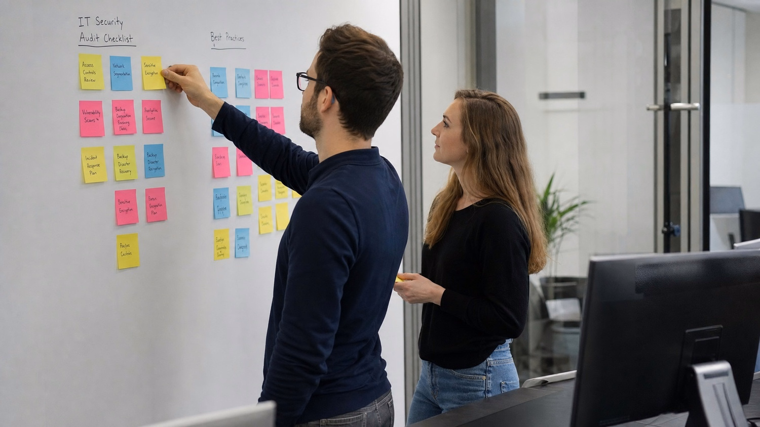 STICKY NOTE WALL An IT professional  two people standing at a wall covered wi