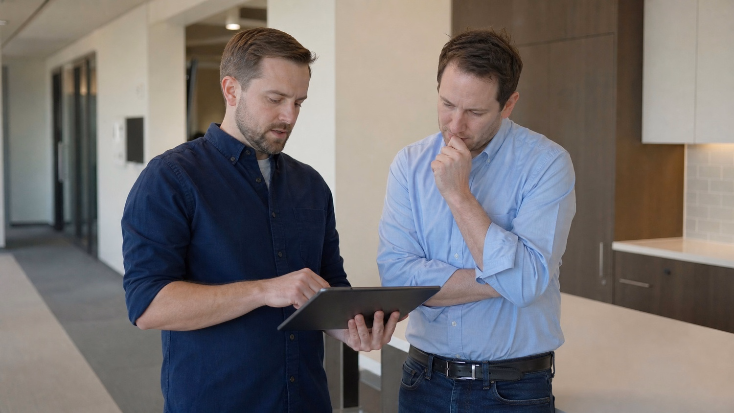 INFORMAL HUDDLE An IT professional  two people standing and talking near a ki
