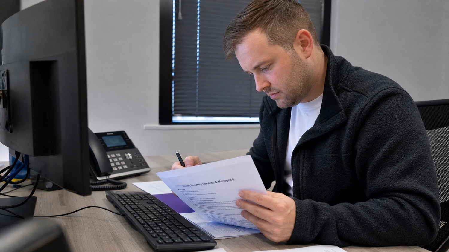 FOCUSED READING An IT professional  one person seated at a desk reading print