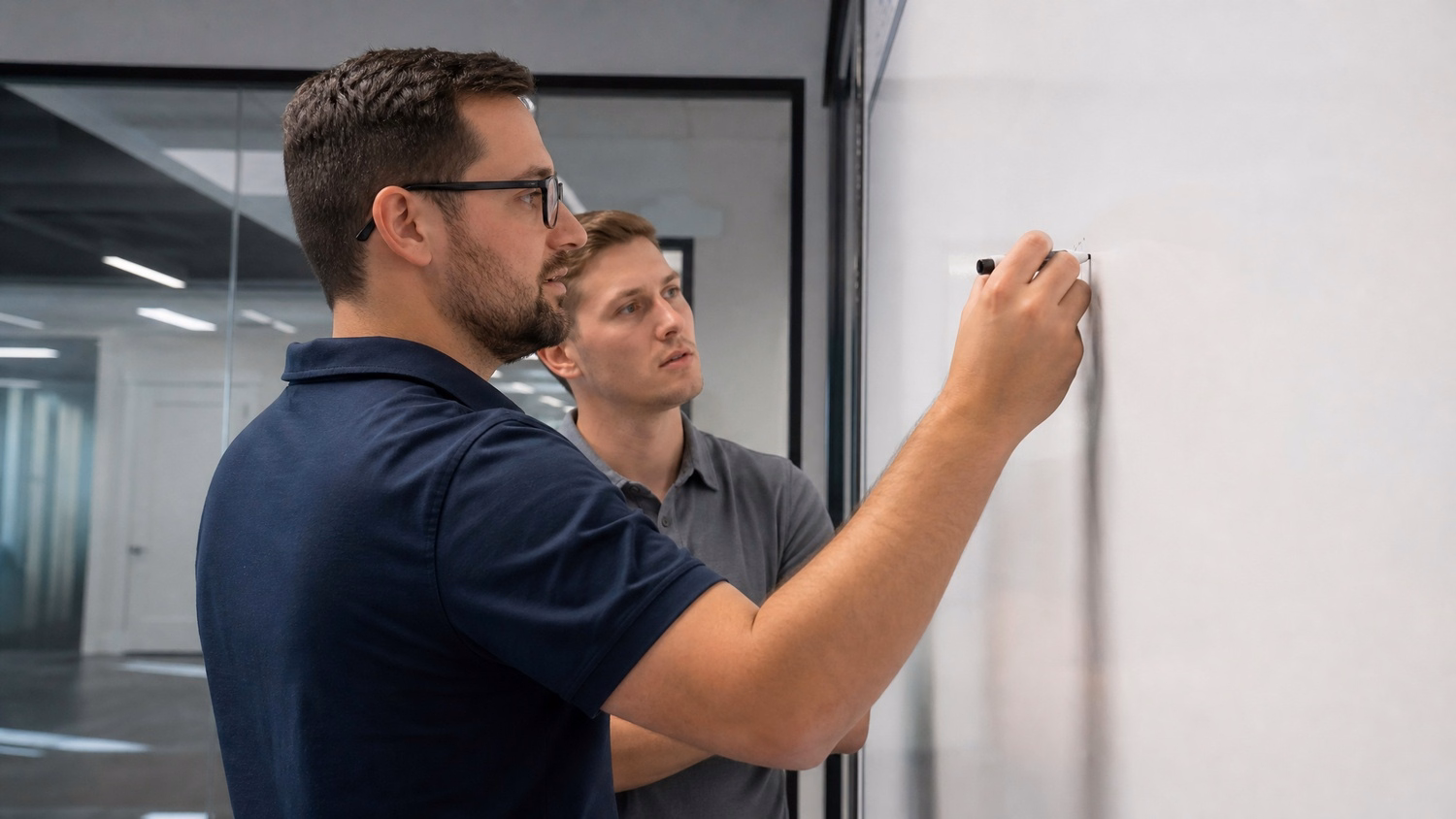 WHITEBOARD SESSION An IT professional  one or two people standing at a whiteb