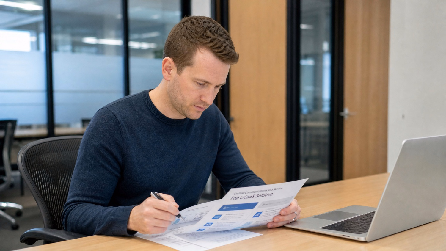 FOCUSED READING An IT professional one person seated at a desk reading print