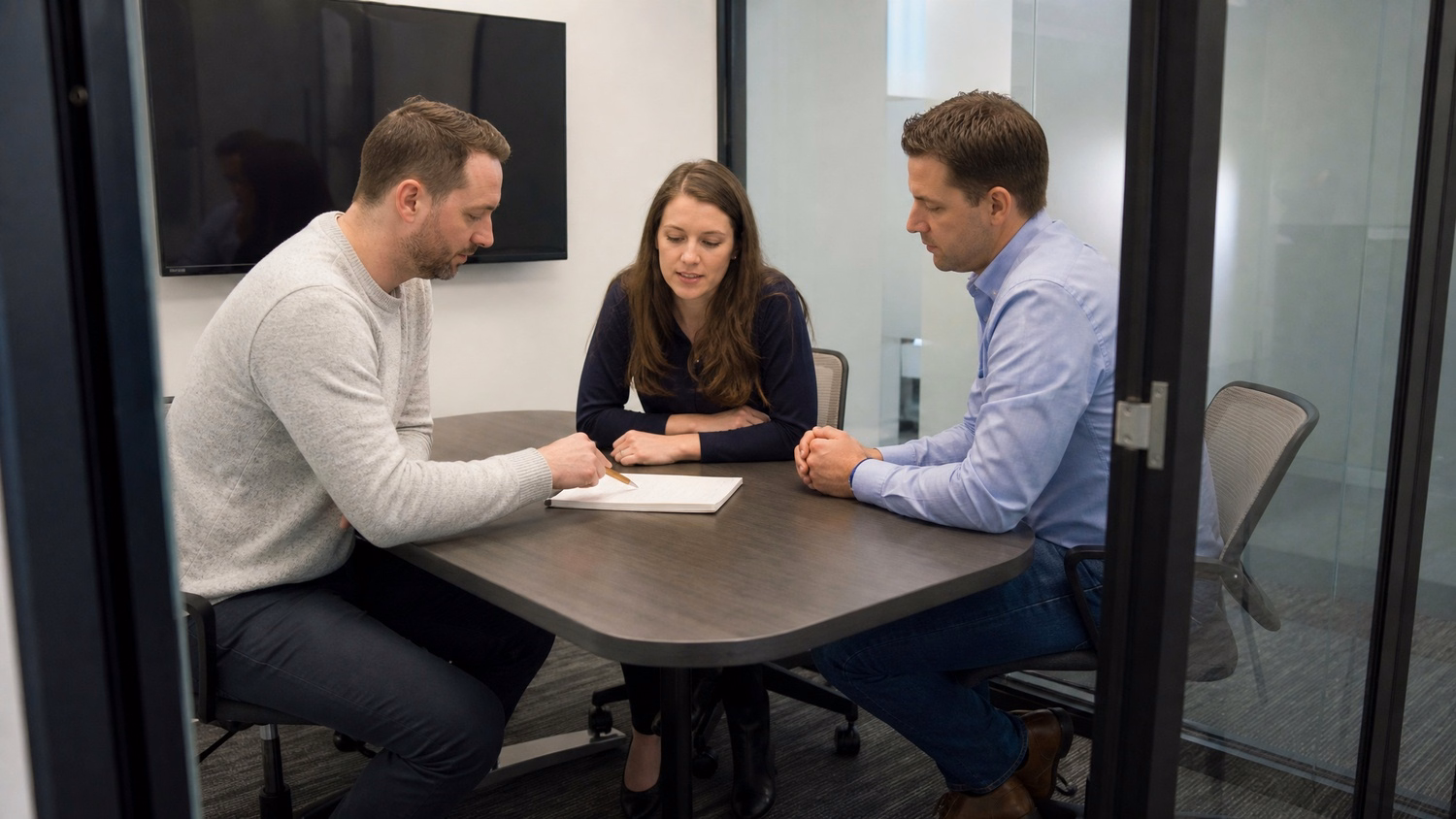 SMALL CONFERENCE ROOM An IT professional three people seated around a small