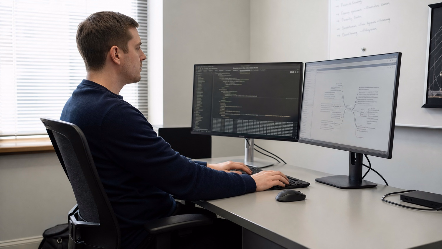 SOLO WORKSTATION An IT professional one person alone at a single desk with a