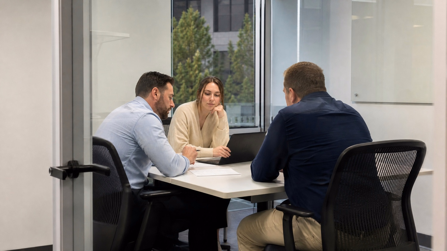 SMALL CONFERENCE ROOM An IT professional three people seated around a small