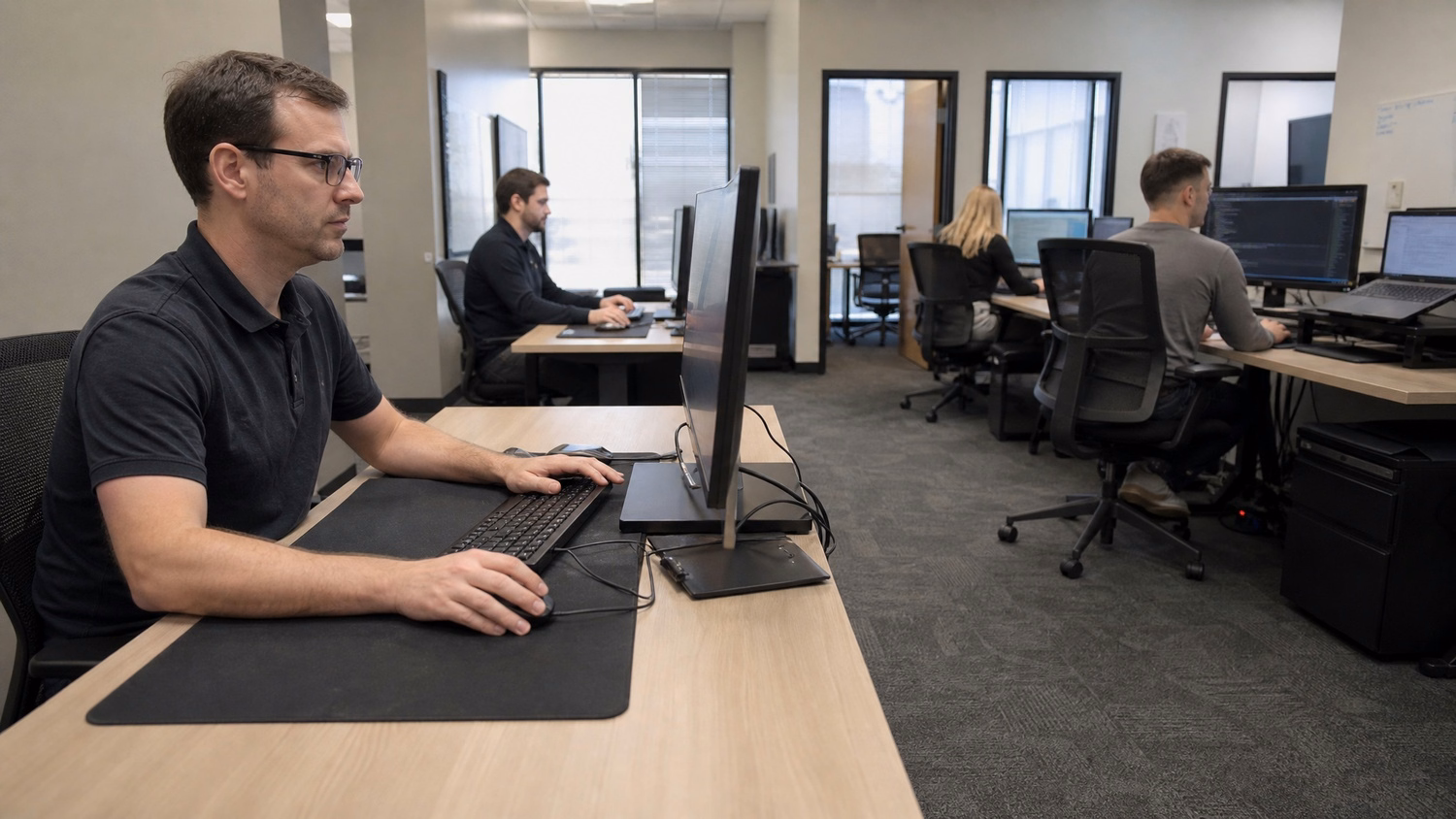 OPEN PLAN WIDE An IT professional wide shot of three or four people at separ