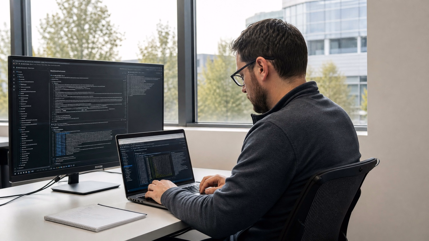 WINDOW SEAT LAPTOP An IT professional one person working on a laptop at a de