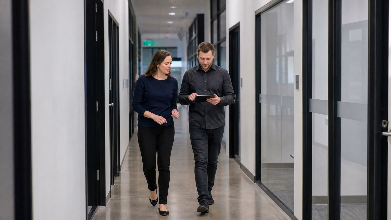 WALKING CORRIDOR An IT professional one or two people walking mid-stride thr