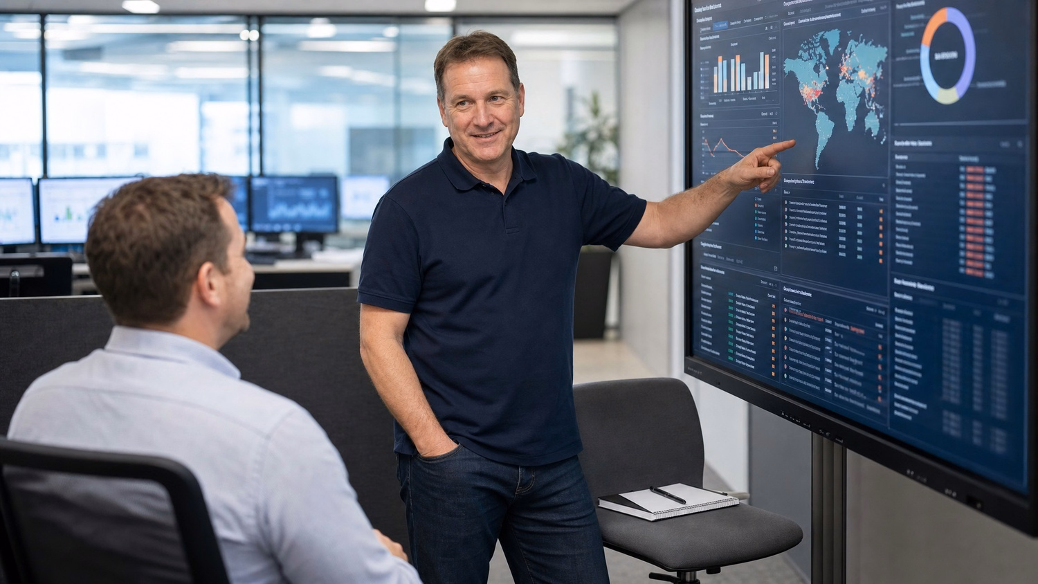 IT auditor points to graph on presentation screen 59 chars