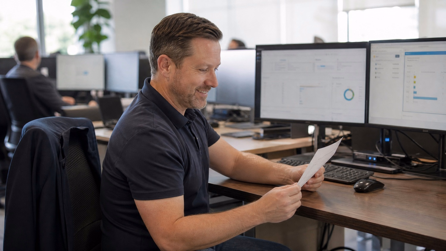 Man in polo shirt reviews document at dual monitor desk 60 chars