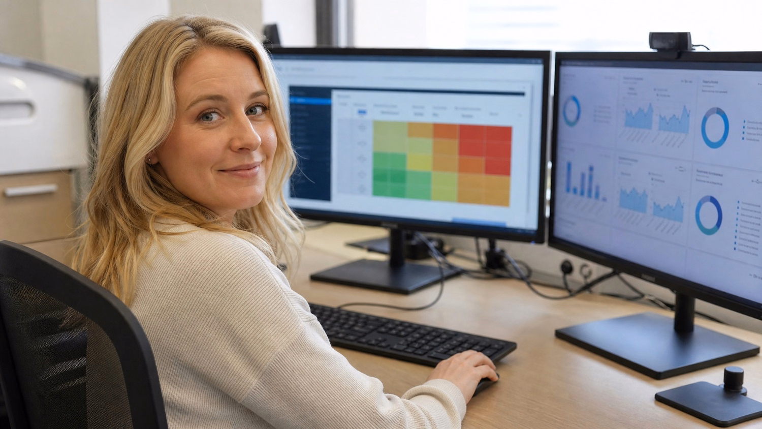 Woman reviews cybersecurity risk matrix on dual monitors