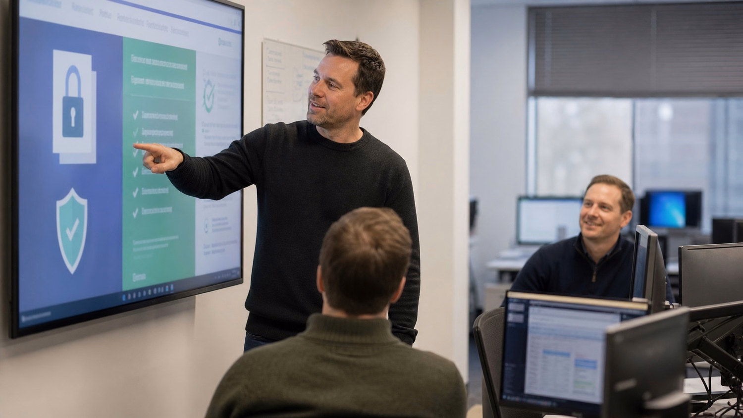 Man points at wall screen with password tips